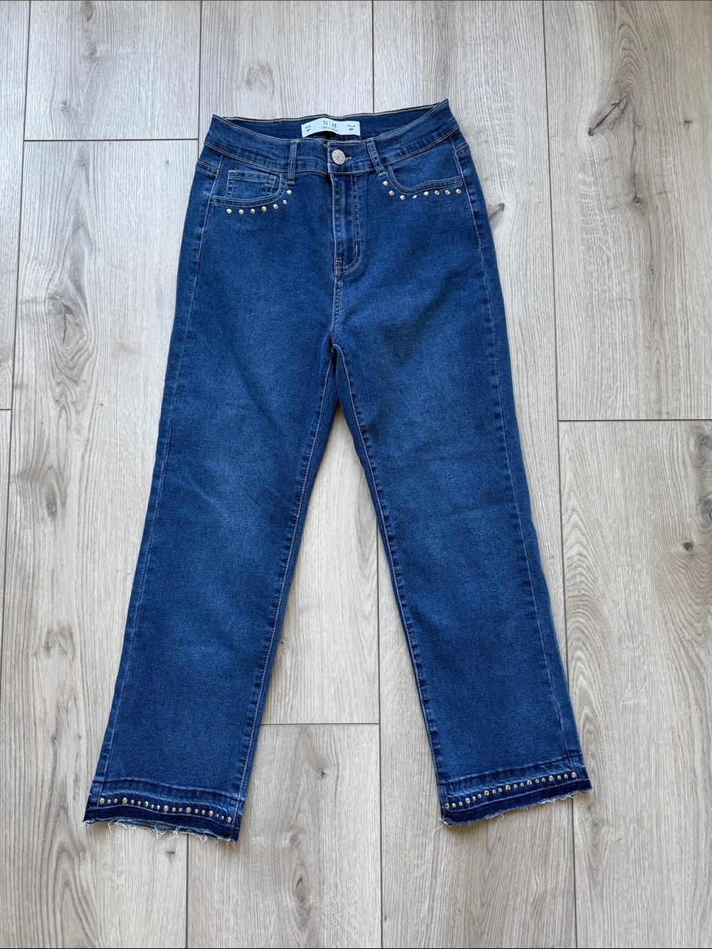 New Max Denim Jeans Women’s 8P Blue Ankle Frayed Embellishments Raw Hem Fall